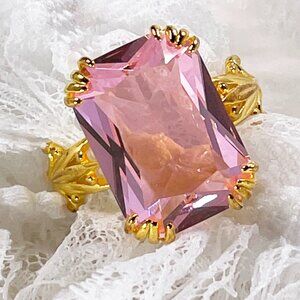 Gold Plated Sterling Silver Pink Sapphire Ring, Simulated Stone, Antique Style